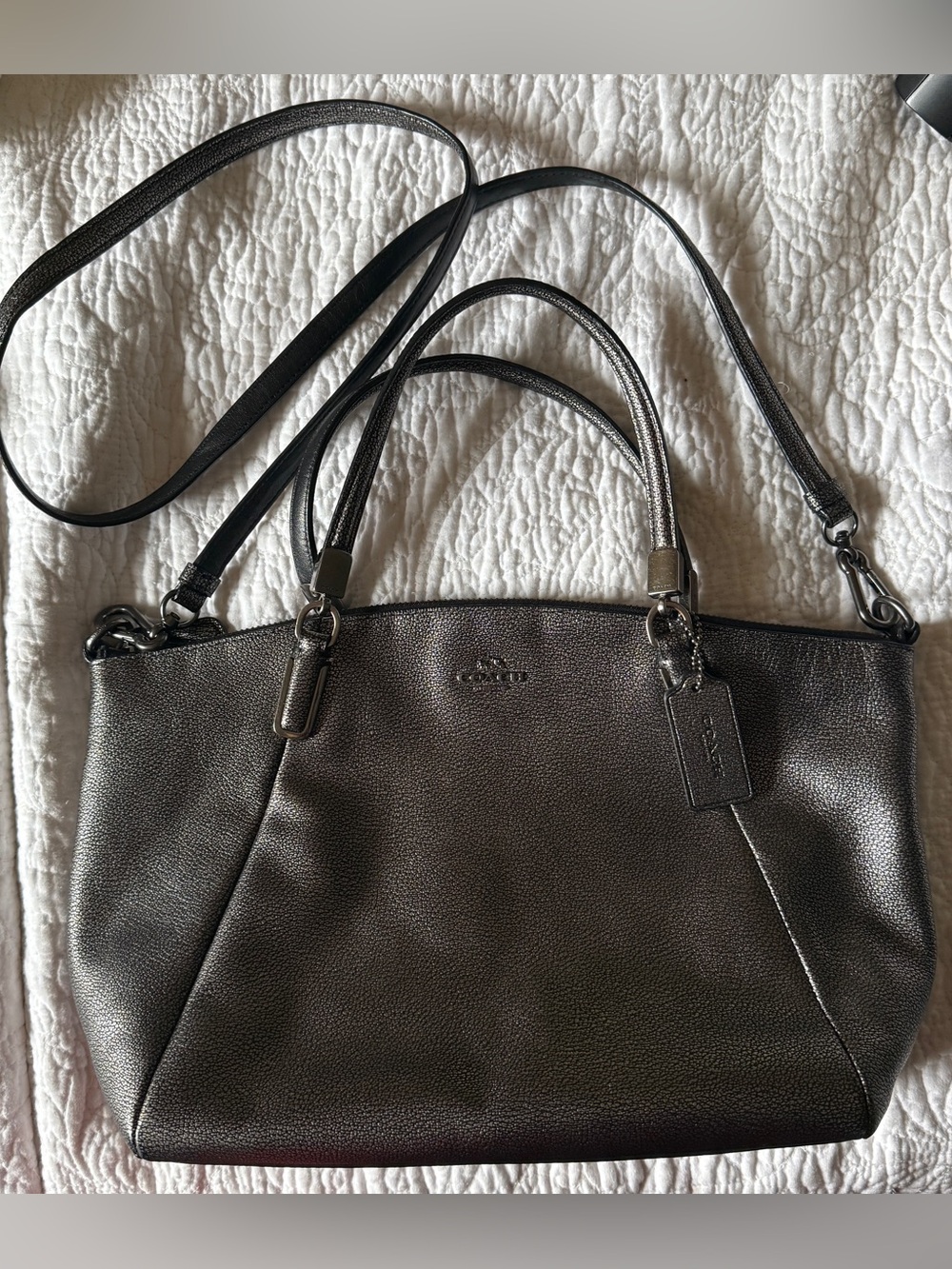 Coach Kelsey Metallic Pewter Leather Tote with Detachable Strap